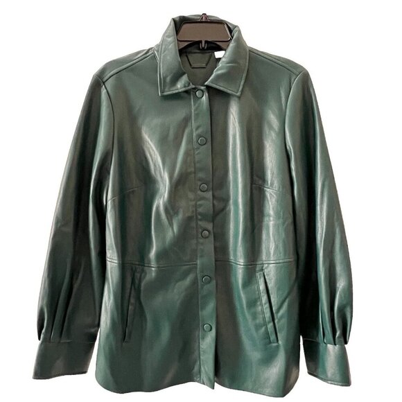 Chico’s Women’s Faux Leather Shacket Size 8/10 Pockets Buttery Soft Jasper Green - Picture 1 of 13